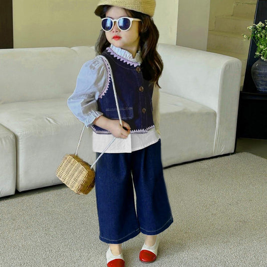 Denim jacket+pant and cotton shirt lace style 3 pcs dress for girls