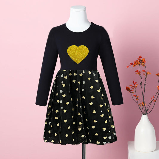 Heart printed mesh cotton full sleeve frock for girls