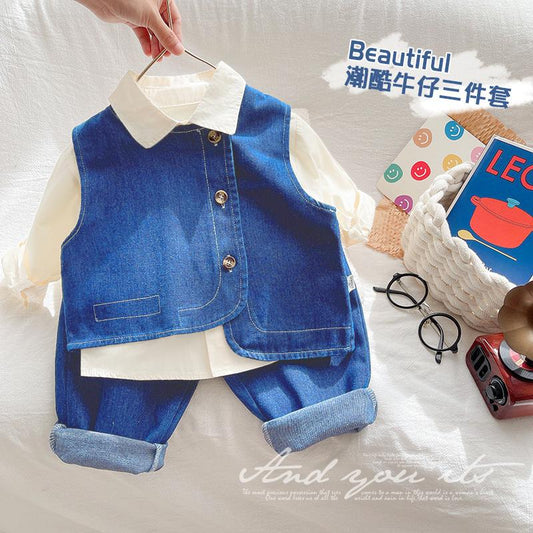 Boys cotton shirt and soft denim jacket with pant 3 pcs dress for boys