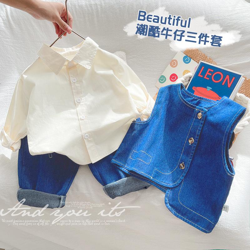 Boys cotton shirt and soft denim jacket with pant 3 pcs dress for boys