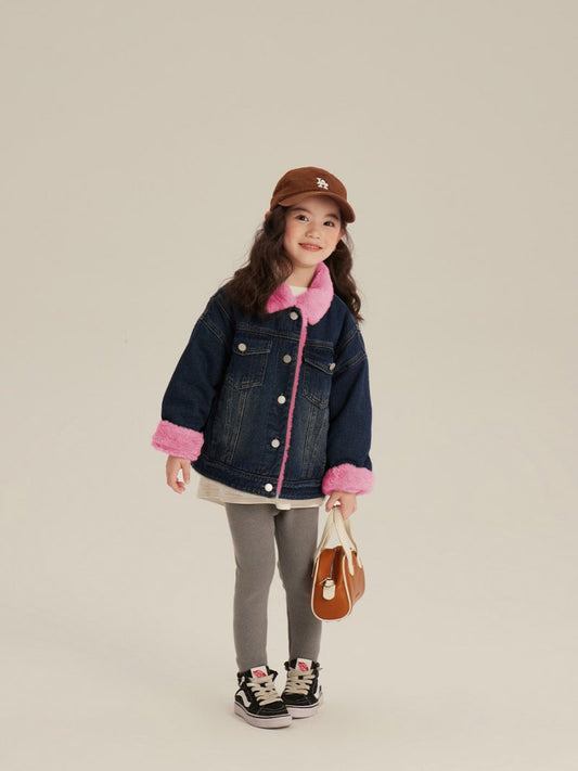 Denim jeans warm collar furr jacket winter dress for girls